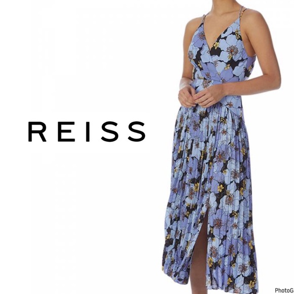 REISS Blue Corinne Pleated Dress - Picture 1 of 9